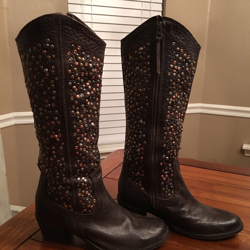 Anthropologie brown leather Studded boots